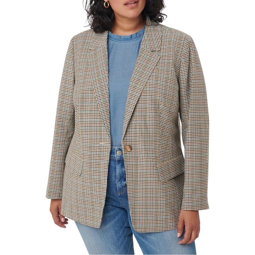 LOFT Tan Plaid Check Long Modern Career One Button Boyfriend Lined Blazer Jacket
